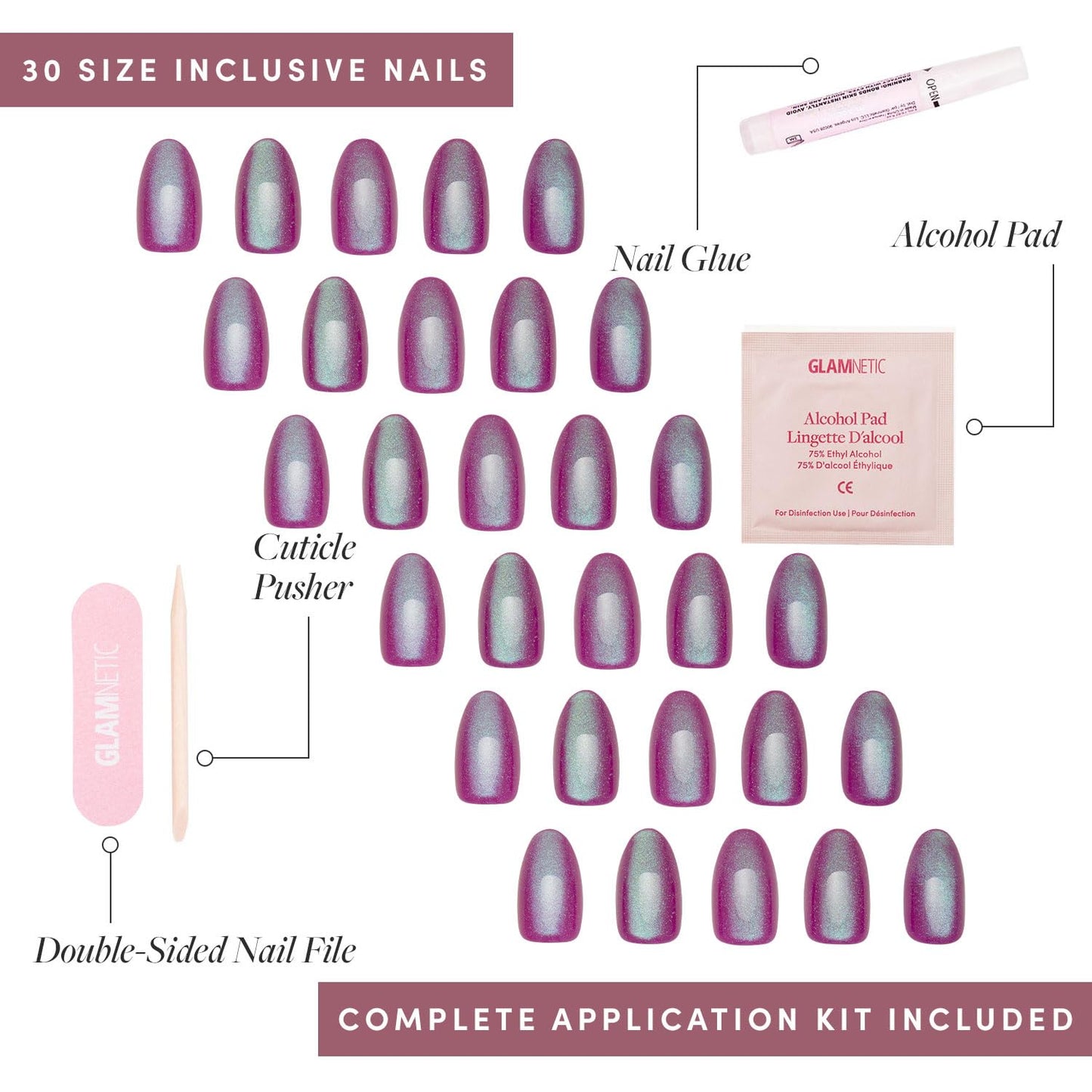Glamnetic Press On Nails - Berry Fizz | Short Oval, Magenta Fake Nails with a Mesmerizing Metallic Finish | 15 Sizes - 30 Nail Kit with Glue