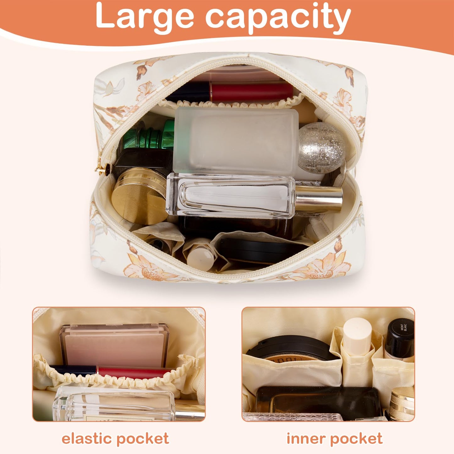 Gosect Floral Waterproof Makeup Bag, Leather Cosmetic Bag with Compartments, Zipper Make up Pouch Organizer, Portable Storage Travel Toiletry Bag Gifts for Women Girls(Pink Flower)