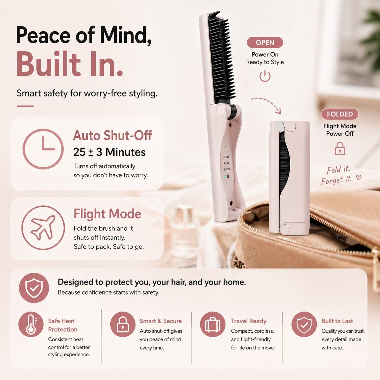 Cordless Hair Straightener Brush - Portable & Foldable Design | Ideal for Travel