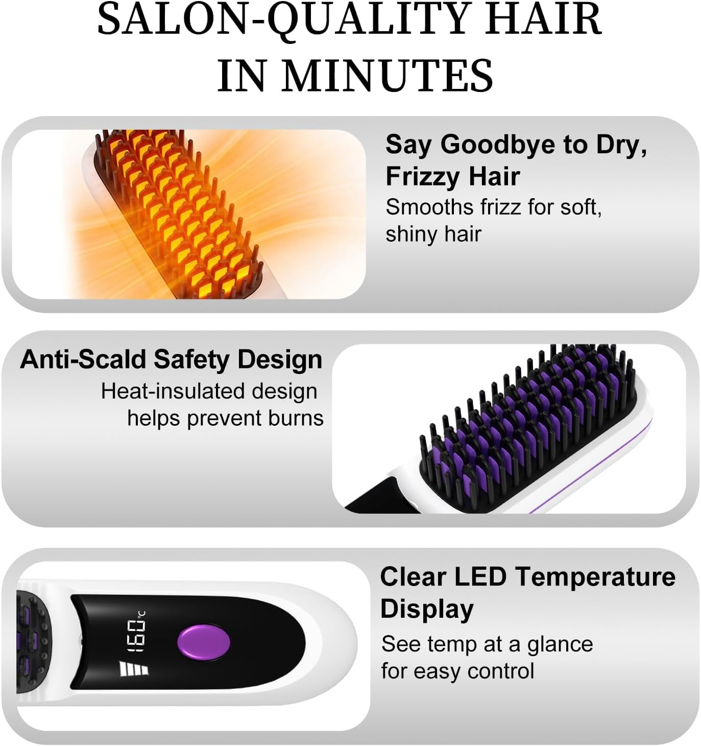 Portable Straightener Brushs for Travel, with LCD Temperature Display, Fast Heating Cordless Mini Hair Brushs (White)