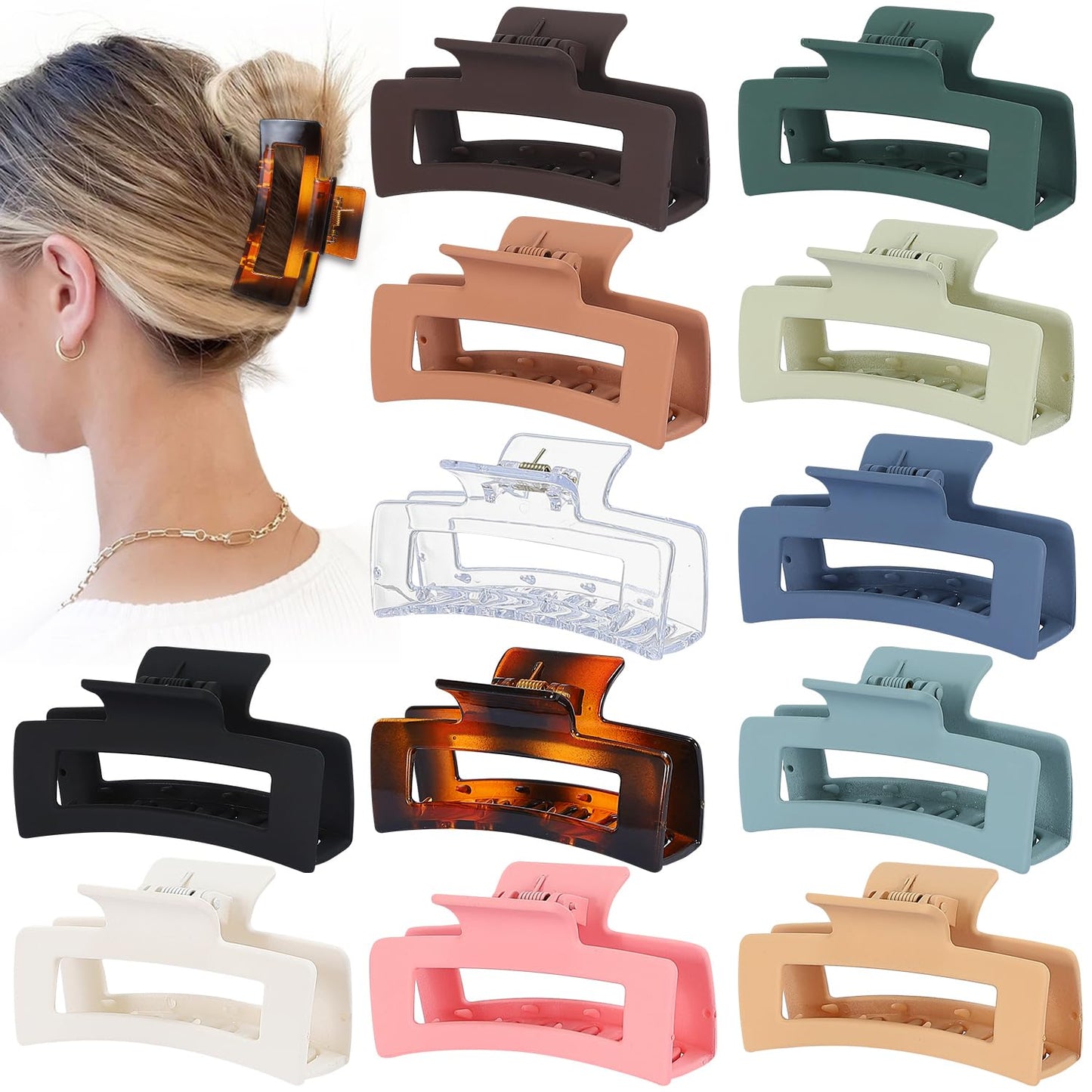 3.5 Inch Medium Hair Accessories - 12 Pcs Square Jaw Clips for Thick & Thin Hair | Rectangular Basic Color Clips for Women & Girls