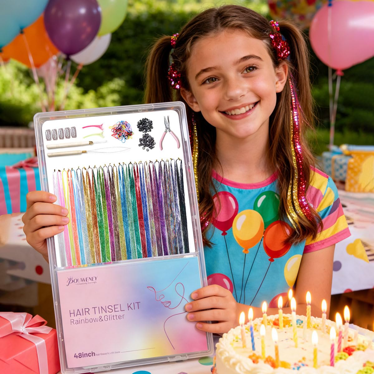Hair Tinsel Kit - 20 Colors Fairy Tinsel Hair Extensions | Heat Resistant Glitter Accessories for Teens (48 Inch)