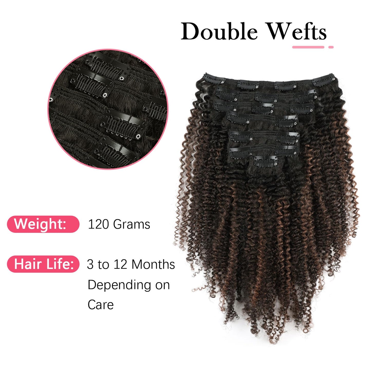Sassina 4B 4C Afro Curly Clip in Human Hair Extensions Double Weft Clip ins for African American Natural Black to Chocolate Brown Clip in Hair Extensions 120 Grams 18 Inch 7 Pcs