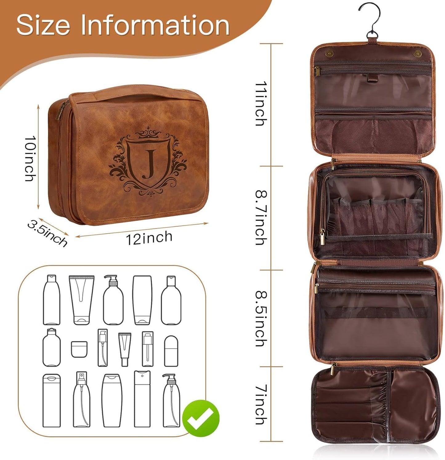 Personalized Toiletry Bag for Men - Large Waterproof PU Leather | 3-in-1 Shaving Kit with Laser-Engraved Initials - Light Brown M