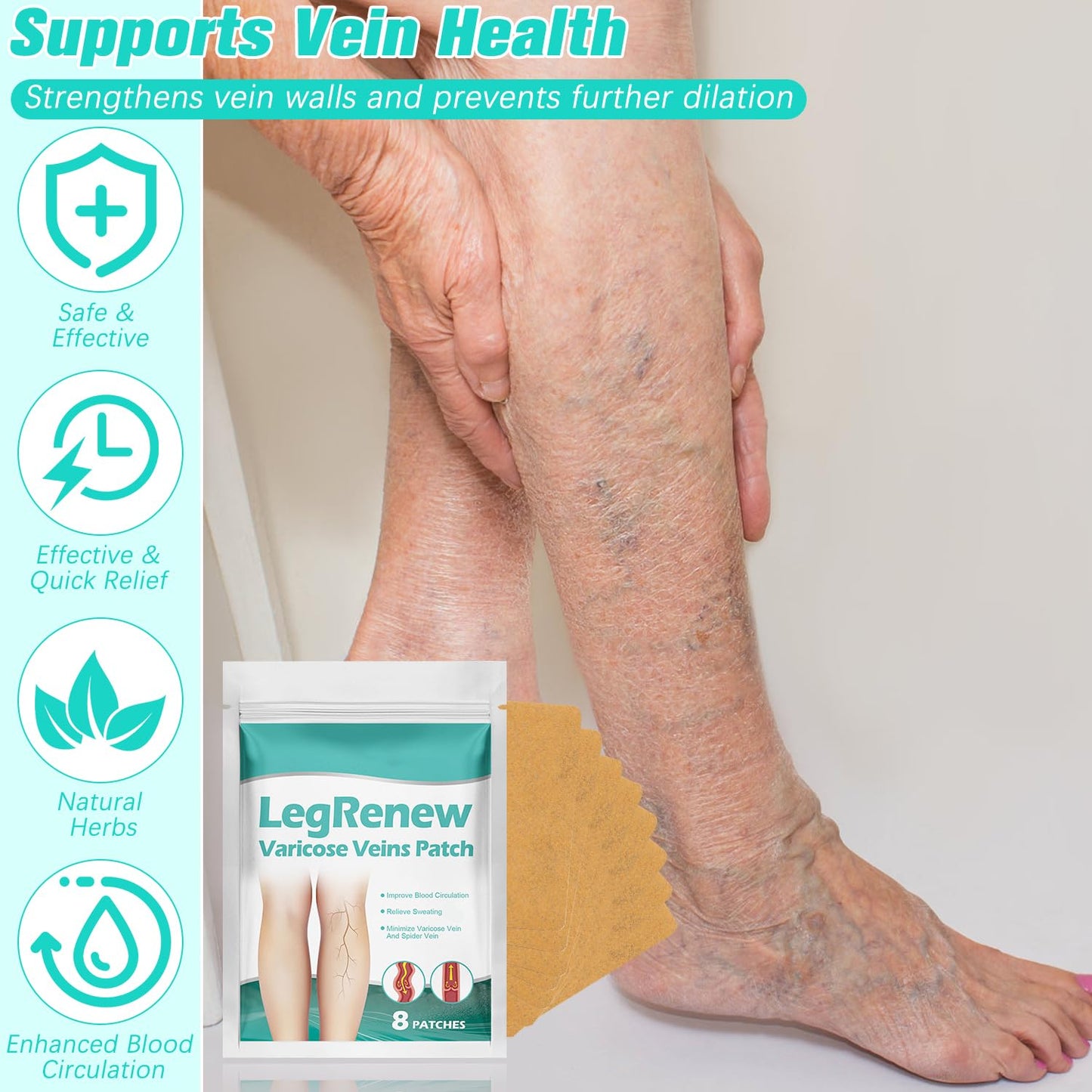 KEBEGE Leg Renew Varicose Veins Patch,Professional Relief for Varicose Veins in The Legs，Natural Ingredients Leg Treatment for All Skin Types (2 Pack)