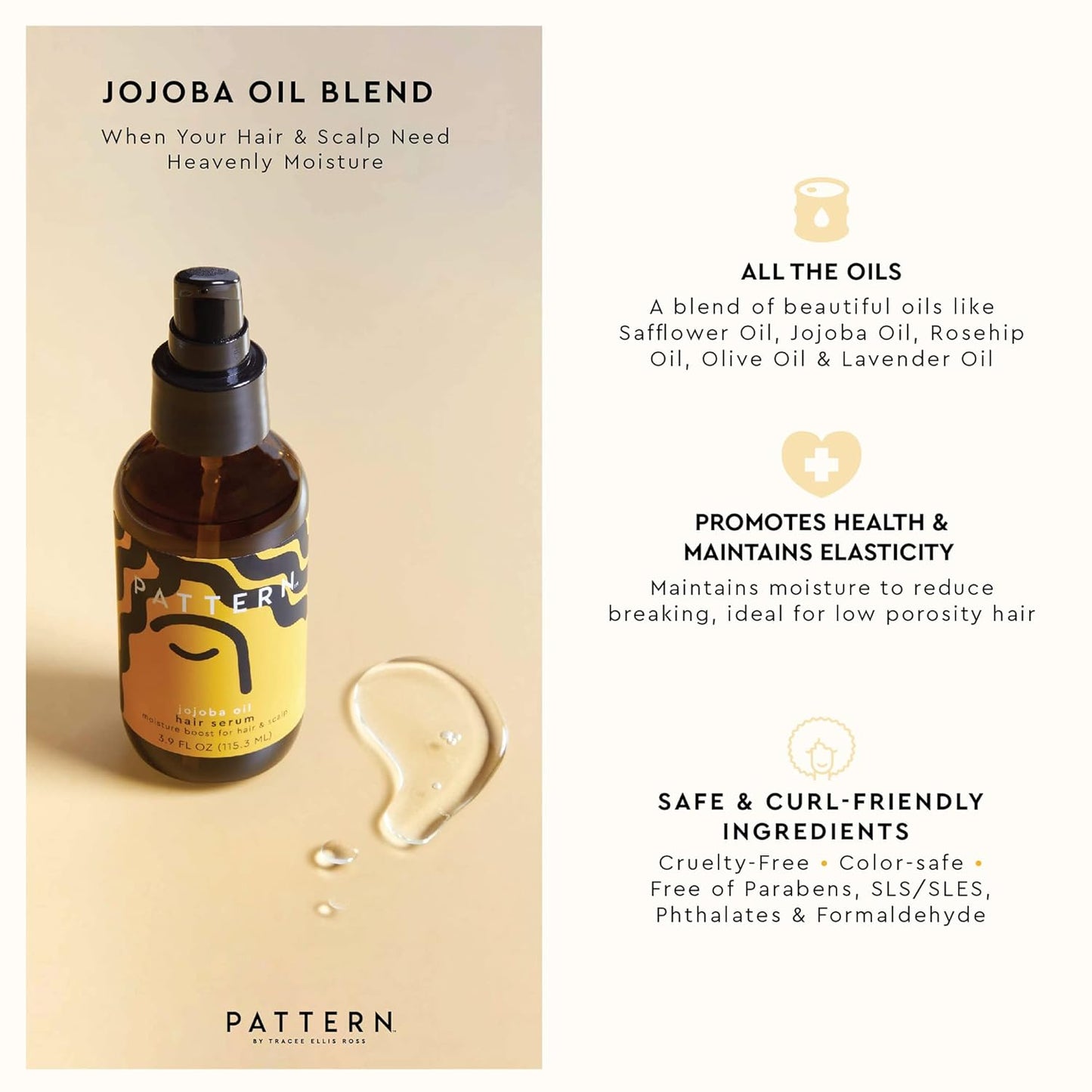PATTERN Beauty Jojoba Hair Serum - Lightweight Moisture Boost with Safflower, Rosehip & Lavender Oils | 3.9 Fl Oz