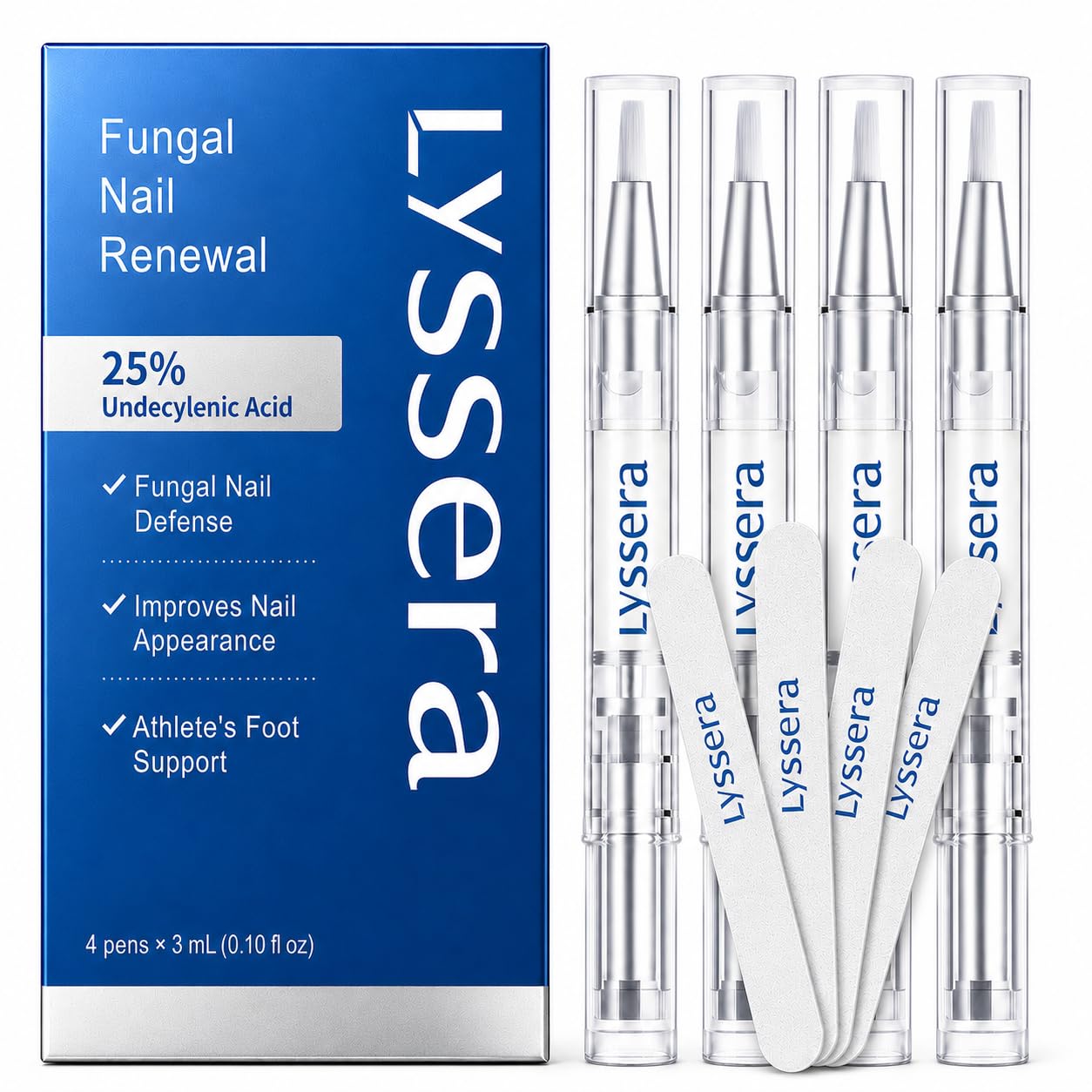 Lyssera Toenail Fungus Treatment Pen: Extra Strength 25% Undecylenic Acid & Tea Tree Oil - Fungal Nail Treatment for Thick Yellow Brittle Toenails and Fingernails, 4 PCS