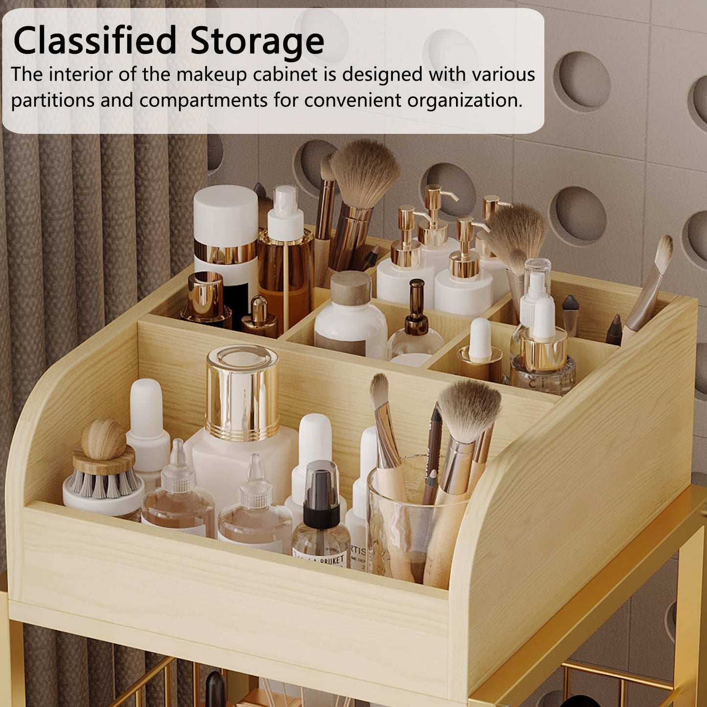 Makeup Organizer Cart with Drawers, Floor Skincare Organizers Make Up Organizers-Vanity Organizer Cosmetic Display Cases Holder for Skin Care Perfume Nail Polish Brush Hair Tool（Gold）