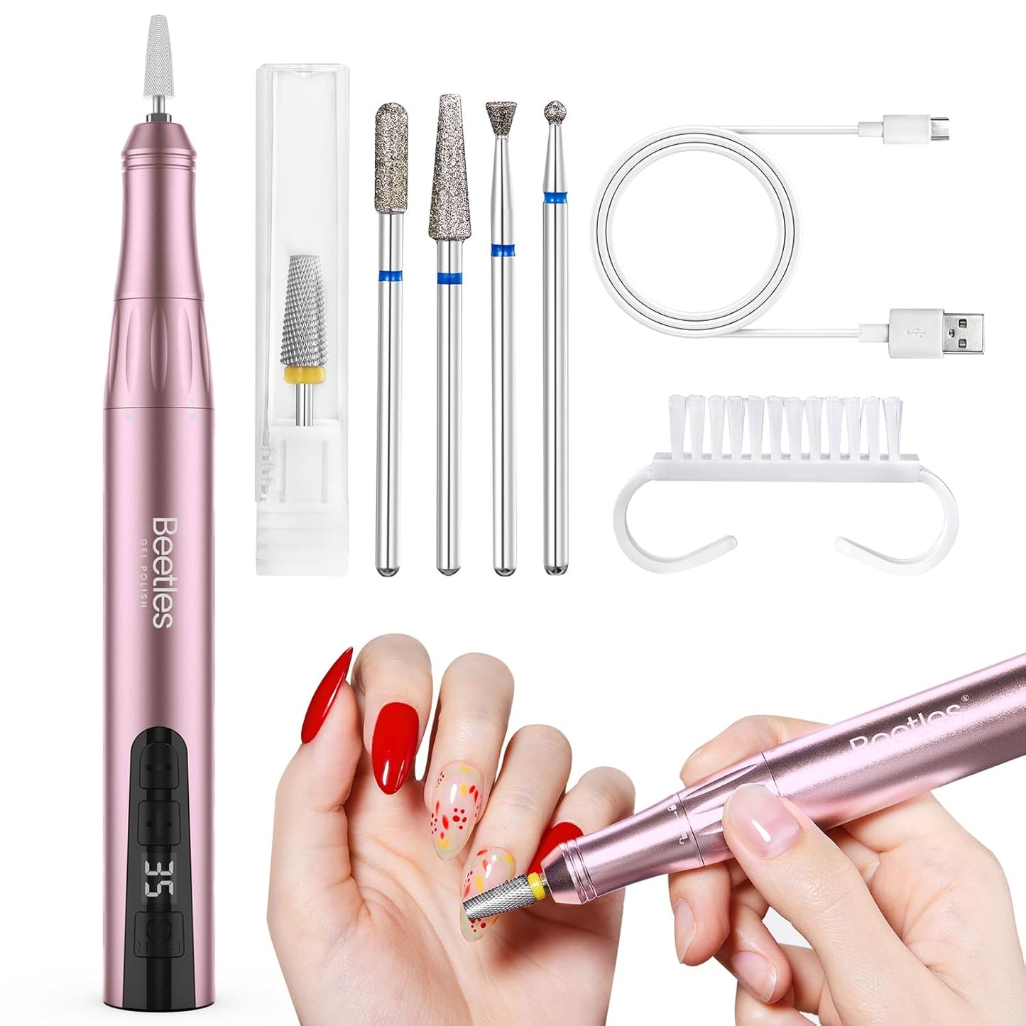Beetles Electric Nail Drill - Cordless 35 Speed Portable Polishing Set | Rose Gold, Long Battery Life for Home & Salon Use