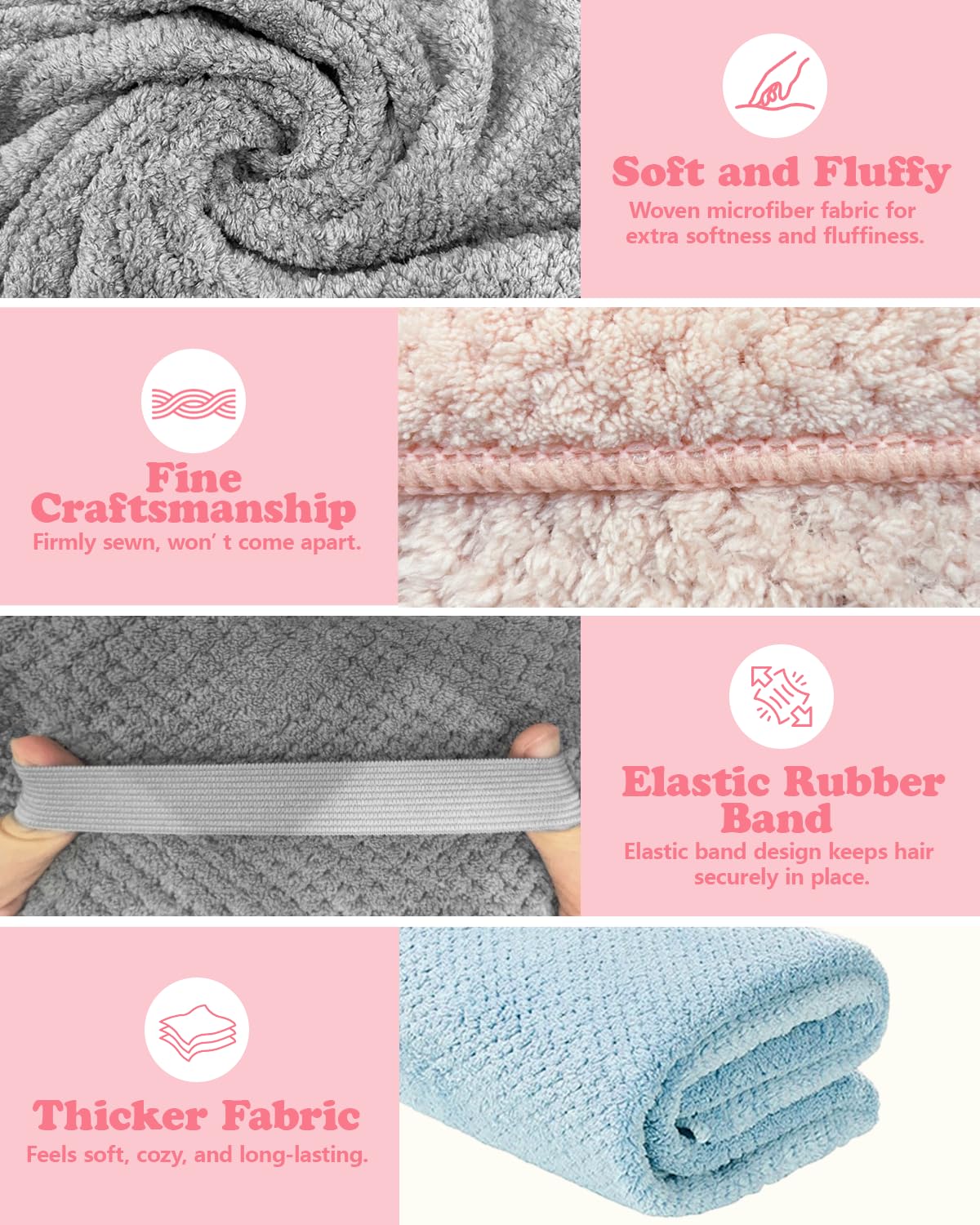 FUFUSING 2-Pack Microfiber Hair Towel - 39" x 24" Super Absorbent, Fast Drying Hair Towel Wrap for Women Long, Curly Hair - Turbans with Elastic Strap for Morning Routine & Makeup