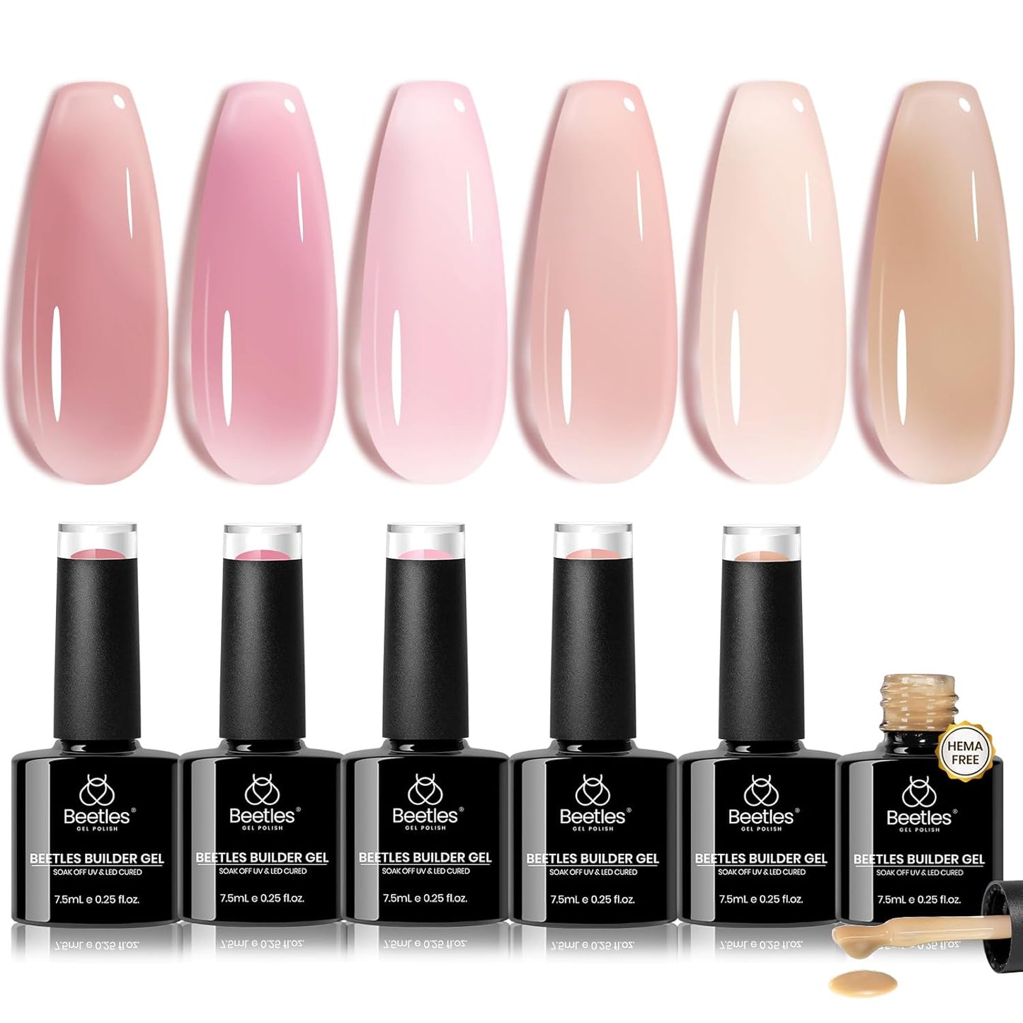 Beetles Builder Gel Set - HEMA-Free Nail Extension Gel | 6 Peach Colors, 8-in-1 Strengthening Formula for DIY Nail Art