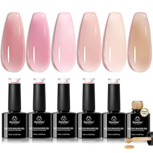 Beetles Builder Gel Set - HEMA-Free Nail Extension Gel | 6 Peach Colors, 8-in-1 Strengthening Formula for DIY Nail Art