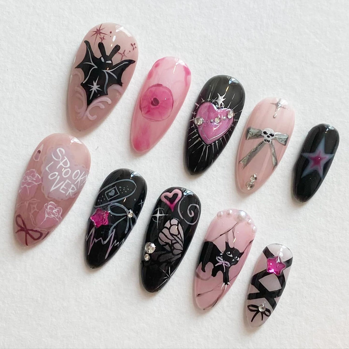 30Pcs Halloween Press-On Nails - 3D Spider & Bat Designs | Medium Almond Acrylic Tips for Women