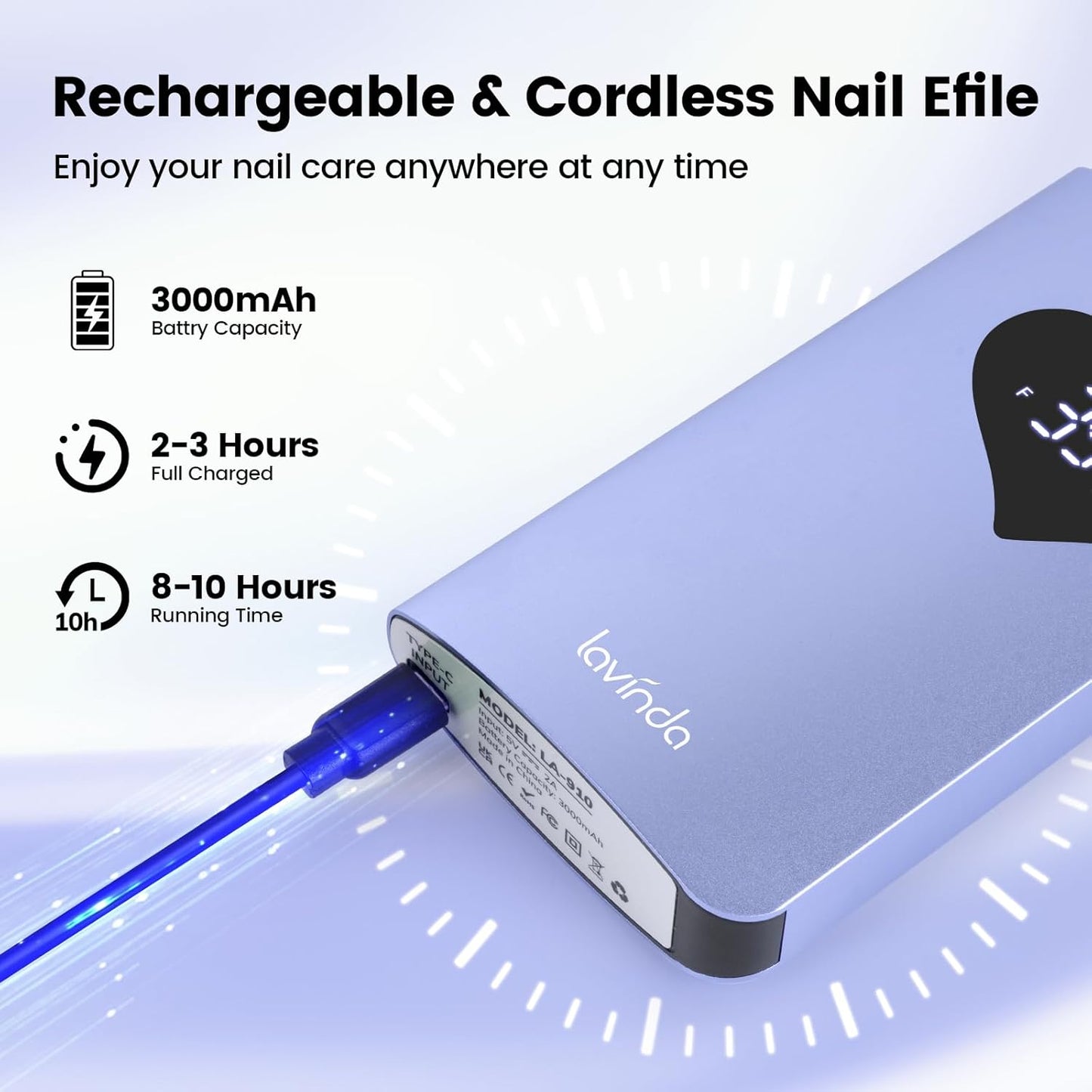 Electric Nail Drill Machine - 35000RPM Cordless Rechargeable Efile for Acrylic Gel Nails | Purple 910