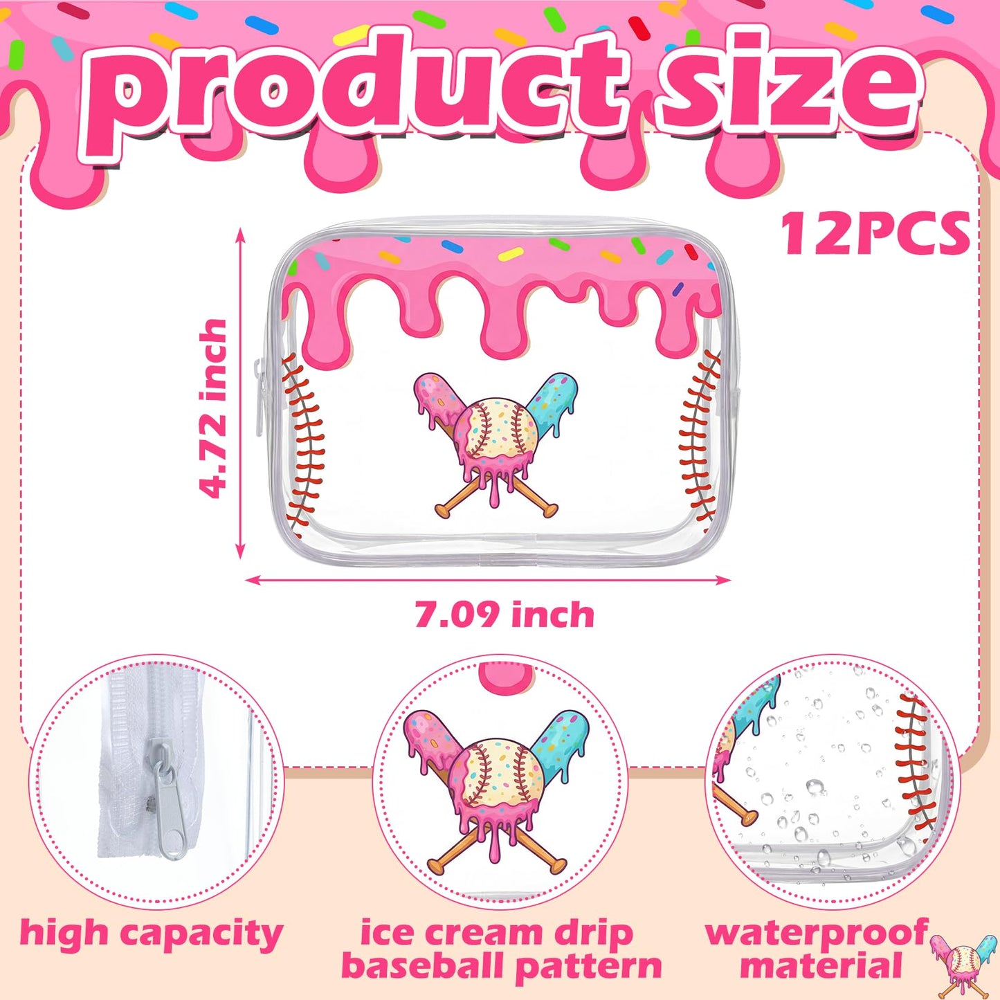 Sunnymove 12 Pcs Ice Cream Drip Baseball Snack Bags for Team Gifts 7 x 4.7 x 2.4'' Goodie Treat Candy Pouch Bags PVC Clear Waterproof with Zipper Party Favors for Travel Birthday Gifts Sport Supplies