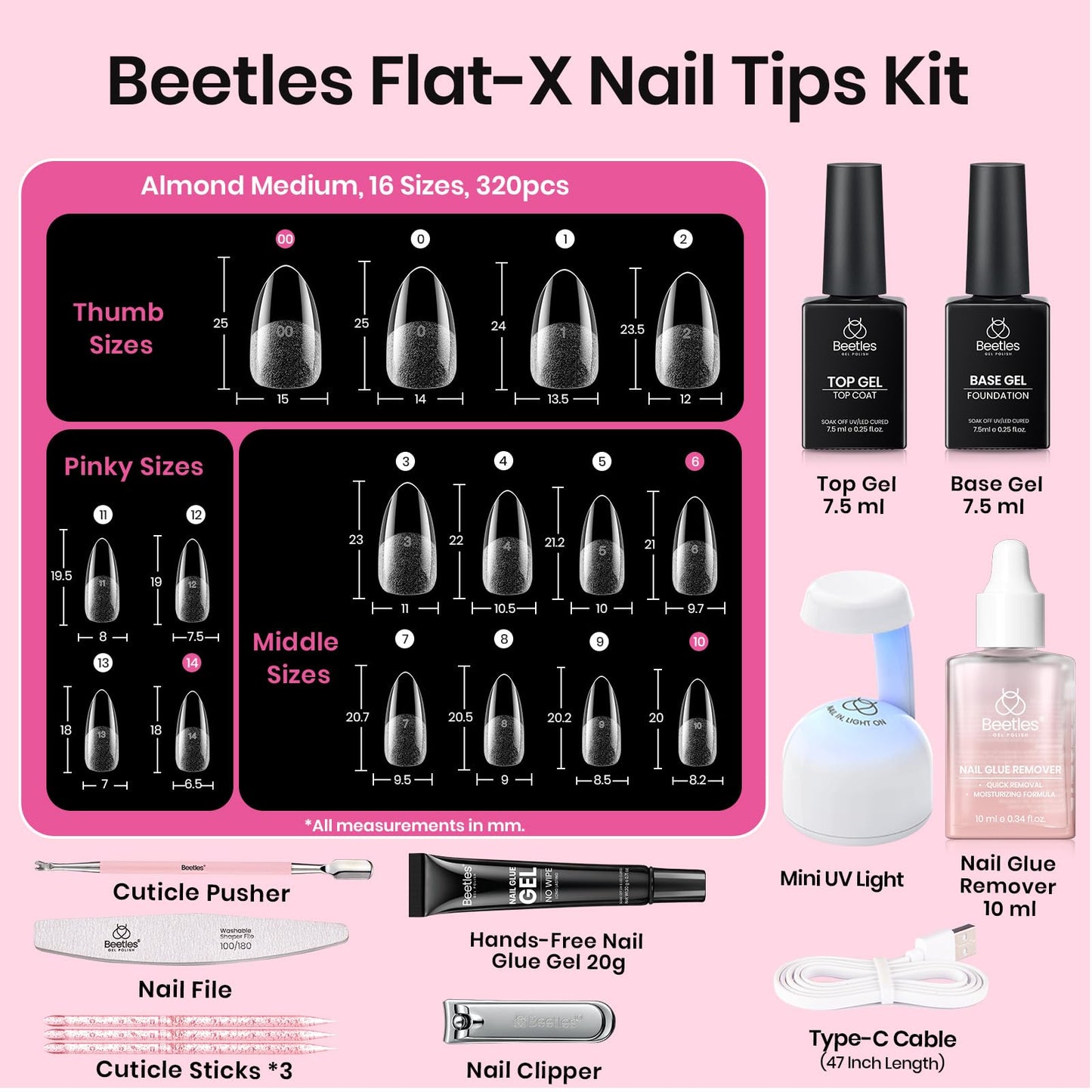 Beetles Gel Nail Kit Flat-X, Almond Medium, 320pcs 16 Sizes Nail Tips, 20g Nail Glue Hand-Free,10ml Glue Remover, 7.5ml Base Gel & Top Coat, Mini Lamp, Acrylic Press On Nail, Extension DIY at Home