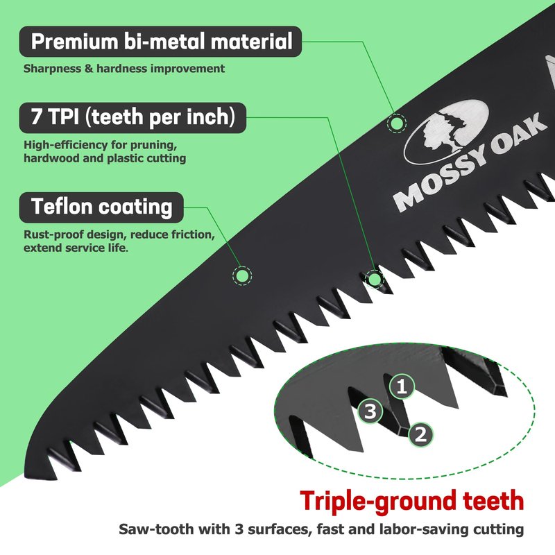 MOSSY OAK Folding Saw - 7 Inch Hand Saw with Pouch, D6A and M2 Bimetal Saw Blade, Pruning Saw Camping Saw Folding Hand Saw for Tree, Wood, and Limb Cutting