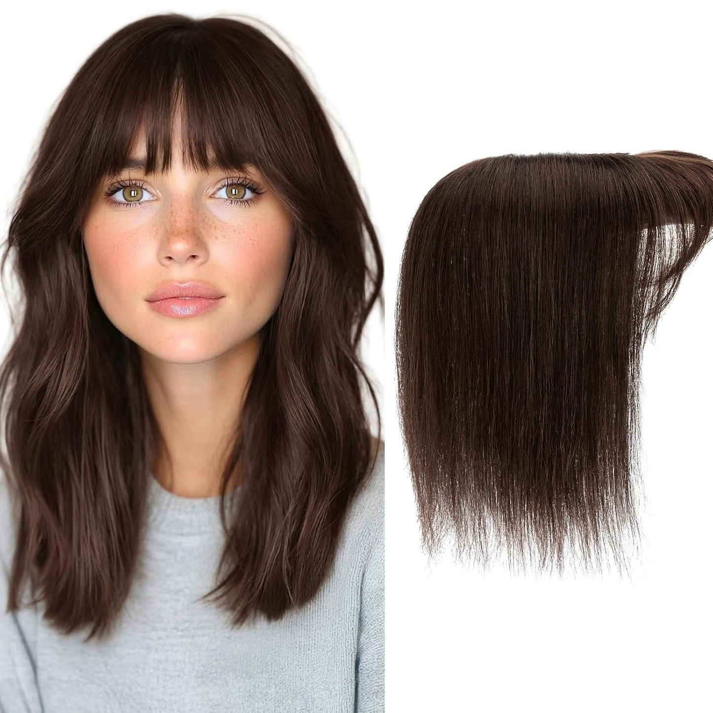 Hair Toppers for Women - Real Human Hair Clip-In 10 Inch Straight Hairpieces | Medium Brown Silk Base with Bangs