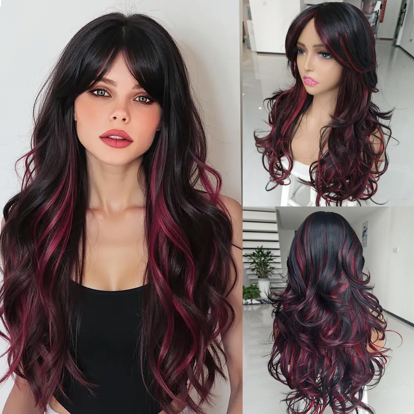 Long Black Wavy Wig for Women - Layered Synthetic Hair with Curtain Bangs | 24-Inch Natural Look