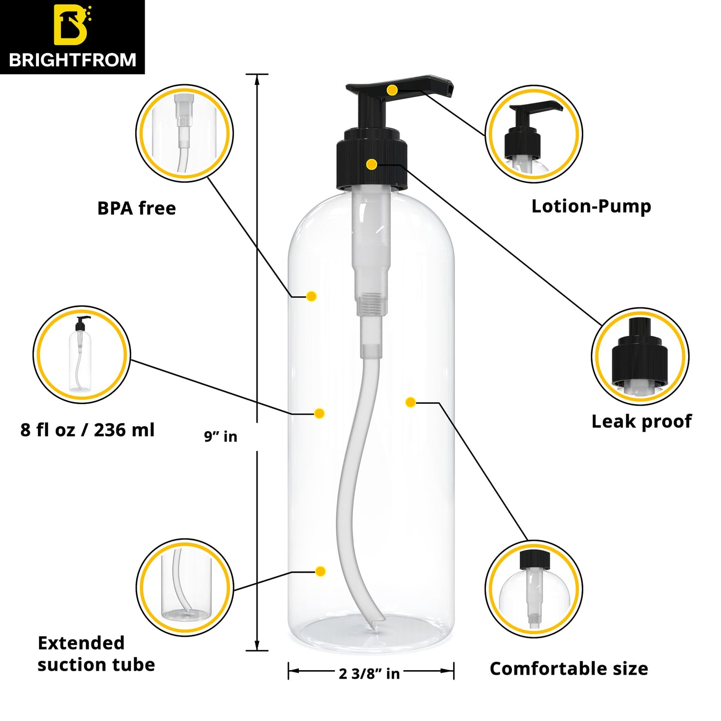 BRIGHTFROM Empty Lotion Pump Bottles, 16 OZ BPA-Free Refillable Plastic Containers, PETE1 Clear, Great for - Soap, Shampoo, Lotions, Liquid Body Soap, Creams and Massage Oil's - 2 Pack (Black)