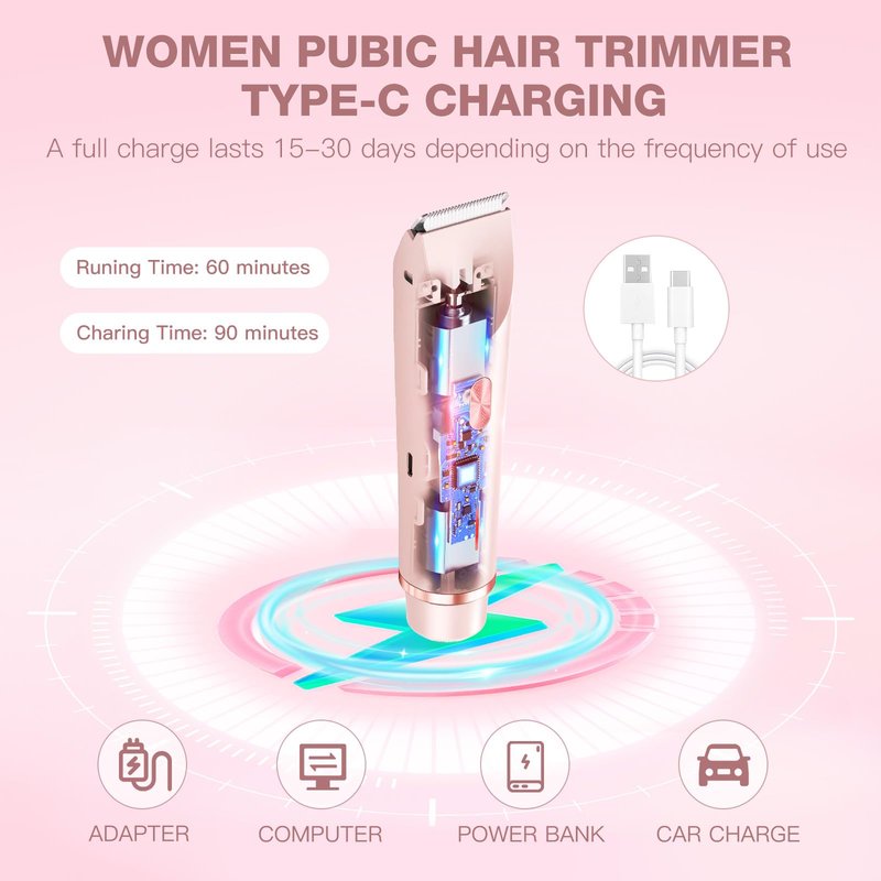 Electric Bikini Trimmer for Women - Gentle Trimming Facial Hair Removal, IPX7 Waterproof, Dual Head, USB Charge, Ceramic Blade, Pink