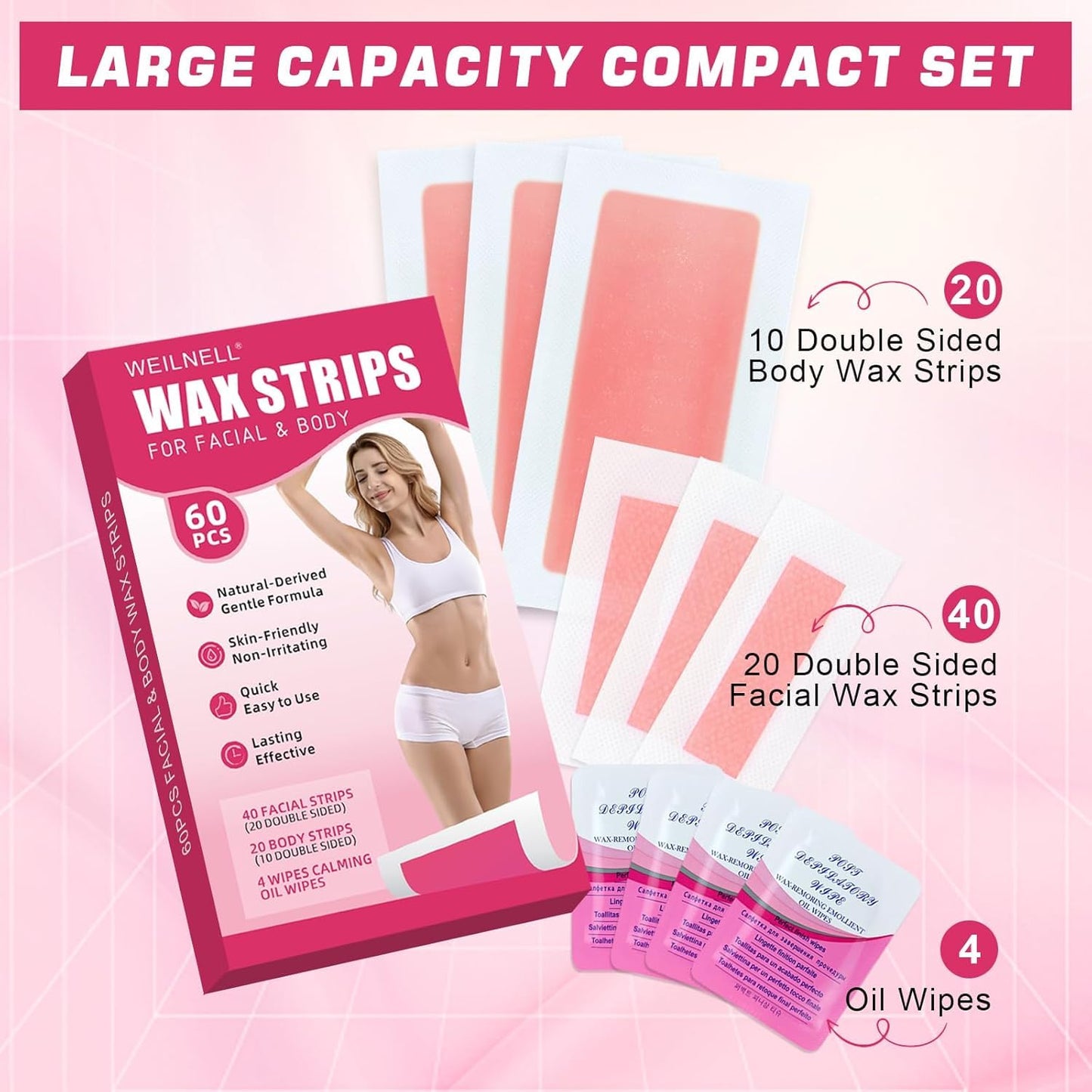 60 PCS Wax Strips for Hair Removal - 40 Facial & 20 Body Waxing Kit for Women's Hair Removal, Wax Strips for Face, Eyebrow, Arms, Legs, Chest, Back, Bikini/Brazilian Waxing Strips & 4Calming Oil Wipes