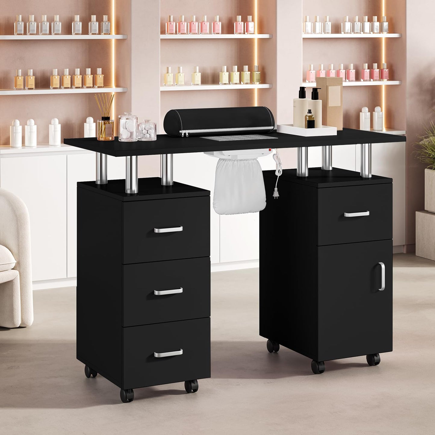 MilleLoom Manicure Table with Storage Cabinets and Drawers, Nail Desk for Nail Tech with Lockable Wheels, Dust Collector Acetone Resistant, Arm Rest for Makeup Spa Beauty Salon Station