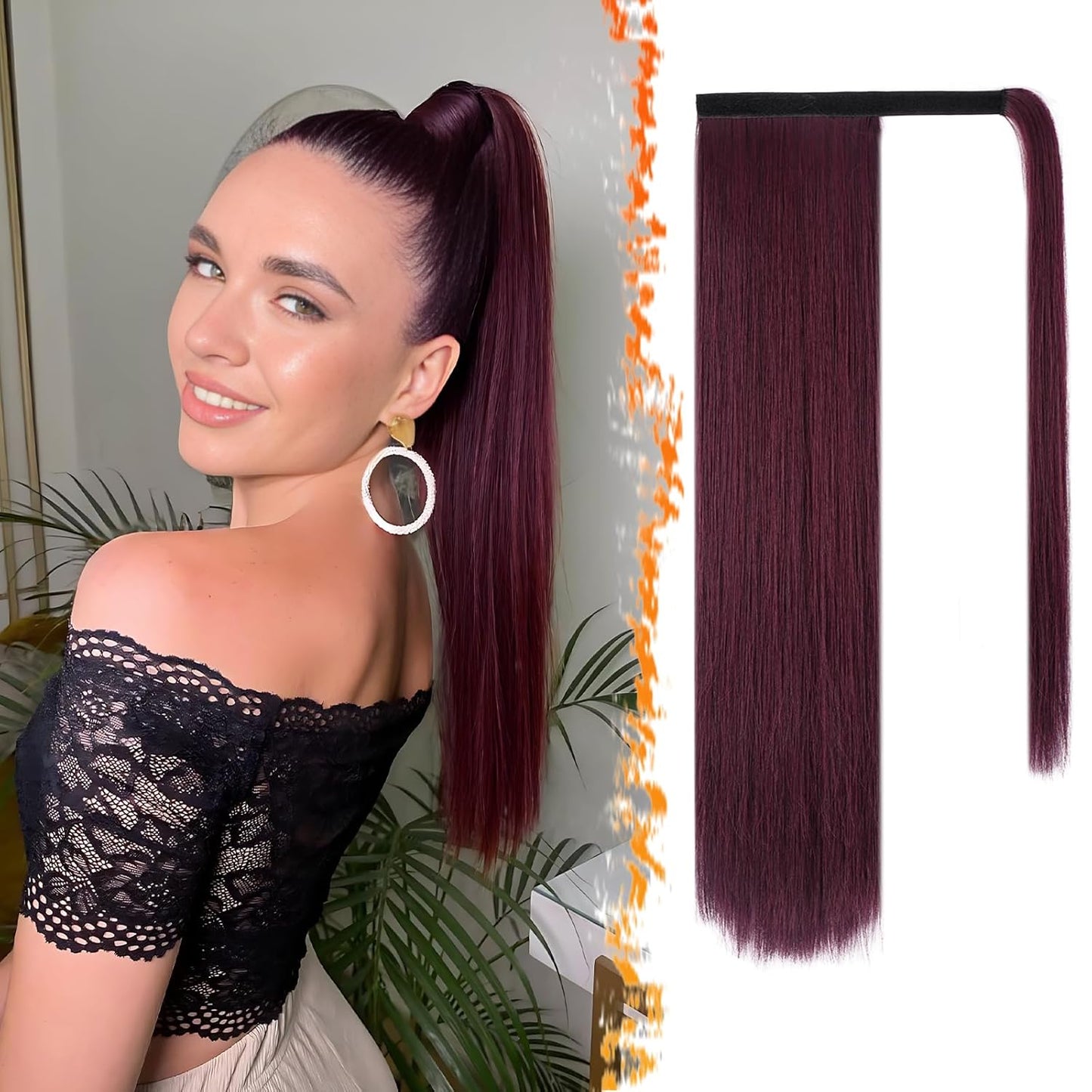 Dark Brown Straight Wrap Ponytail Extension - 24 Inch Clip-In Hairpiece for Black Women | Synthetic Hair