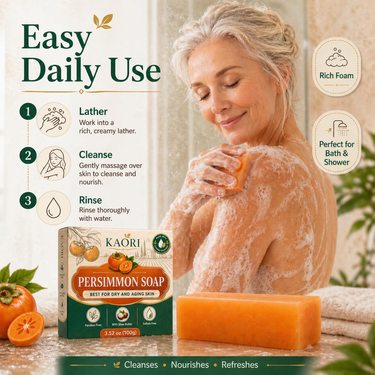 shekys KAORI Deodorizing Persimmon Soap |Feel fresh and clean all day long | with Persimmon Extract for Men & Women (1pc)