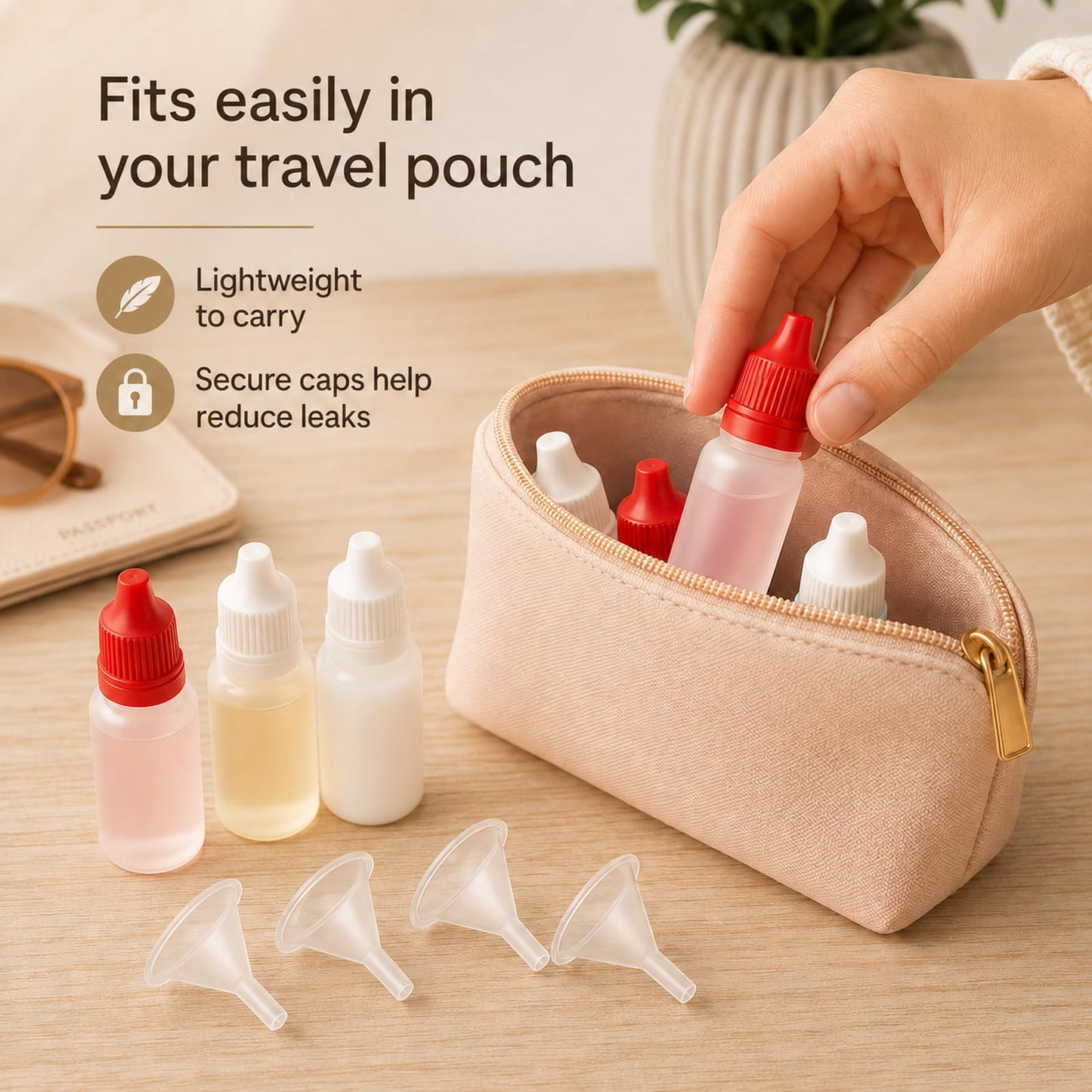 LUSTRIB 10PCS (6 Bottles + 4 Funnels) Small Plastic Dropper Bottle for Travel 15ml (0.5oz) Eye Dropper Bottle with Cap Refillable Travel Container Portable Squeezable for Liquid, (Red & White)