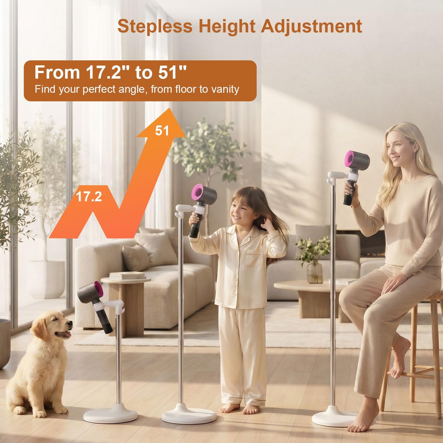 Mistriddle Hands Free Hair Dryer Holder Floor Stand, Adjustable Height (17.2"-51"), Universal Clip with TPU Protection & Organizer Hook, Stable Aluminum Base Blow Dryer Stand Hands Free(White)