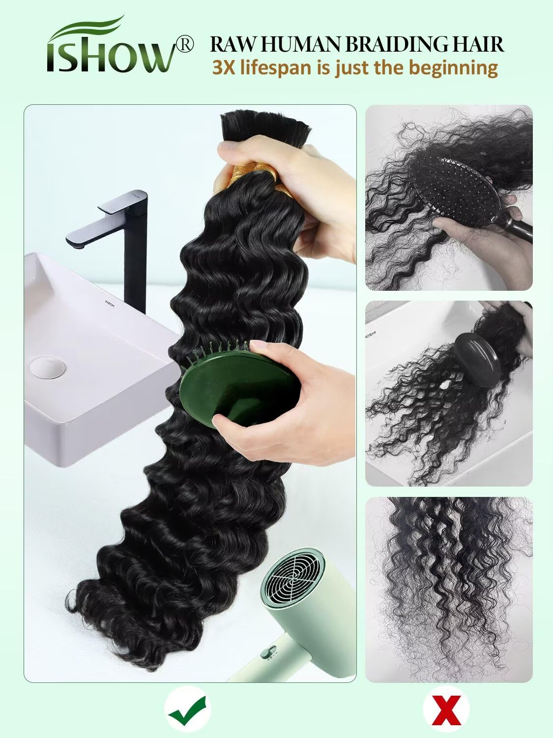 ISHOW Raw Human Braiding Hair, 100% Unprocessed Virgin Human Hair, 15A Deep Wave Boho Hair, 100g 16.01 Inch (2 Packs), NO.1 Premium Quality Boho Hair Producer, Long Lasting, Color 1B