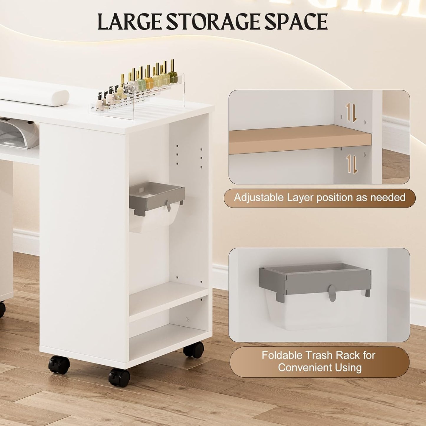 Manicure Table - Paddie Nail Desk with Extendable Surface, Trash Bag Holder & Lockable Wheels | White