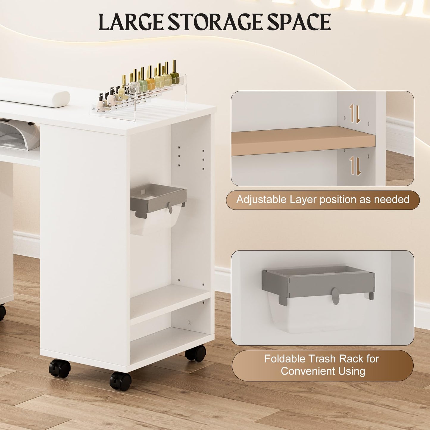 Paddie Manicure Table with Extendable Table, Nail Desk Table for Nail Tech with Trash Bag Holder & Vertical Drawer, Nail Beauty Station with Wrist Cushion, Lockable Wheels, Storage Cabinet(White-New)