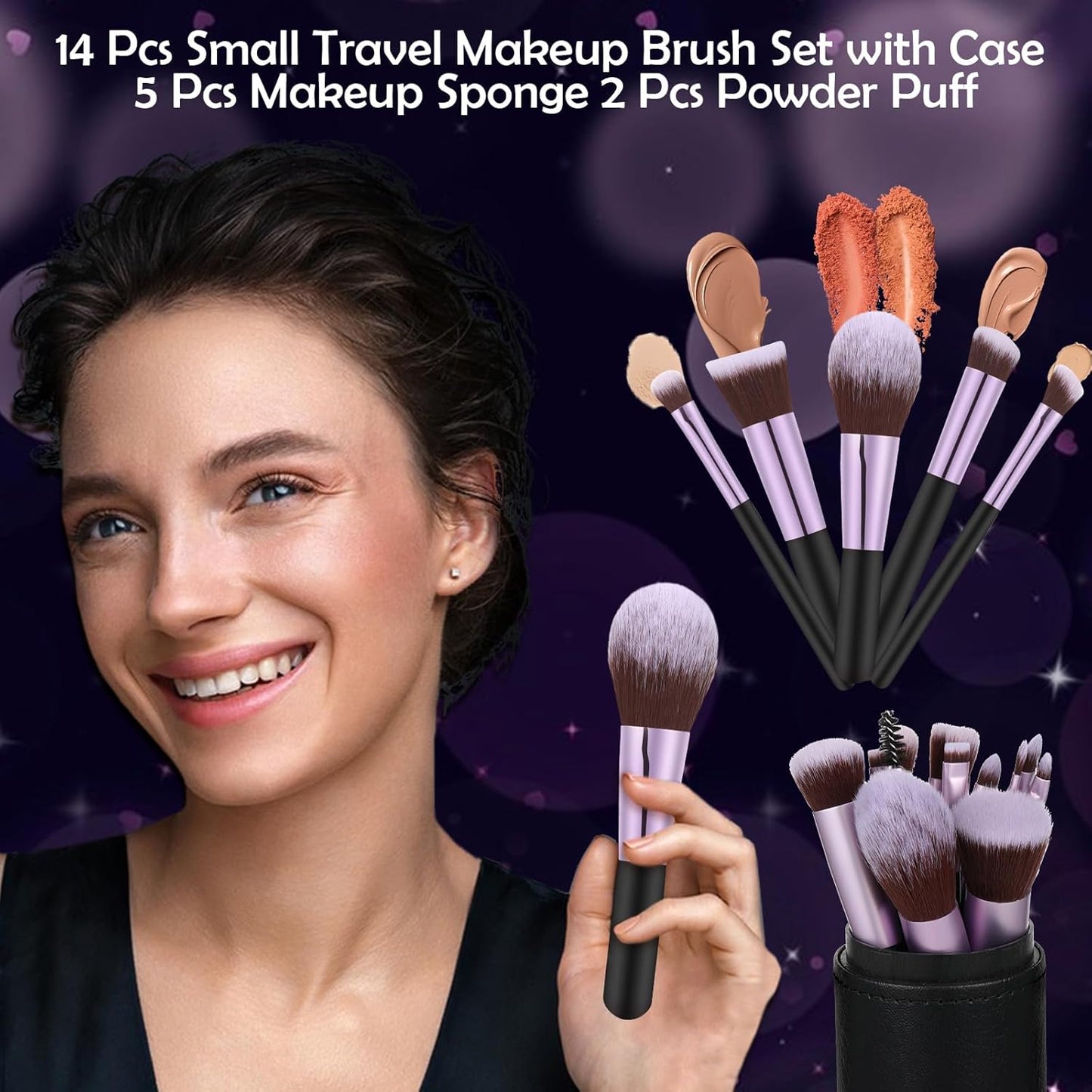 Travel Makeup Brush Set - 14 Pcs Portable Mini Brushes with Case | Includes 5 Pcs Makeup Sponges for Foundation & Eye Shadows - Black