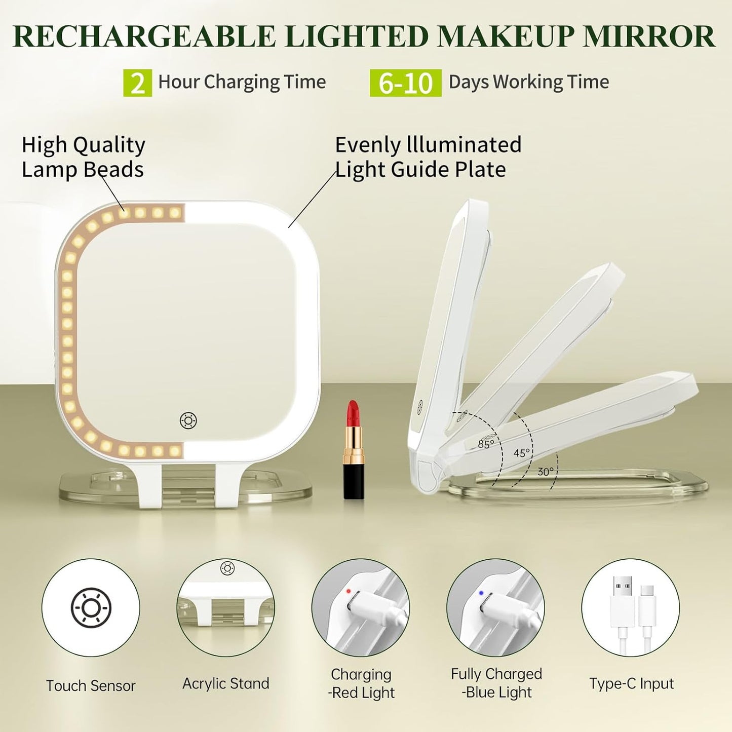 FUNTCH 7" Travel Makeup Mirror - 30X Magnification, Rechargeable Double-Sided Lighted Vanity Mirror with 3 Color Lights & Adjustable Brightness | 300° Rotation, Perfect Gift for Women, White