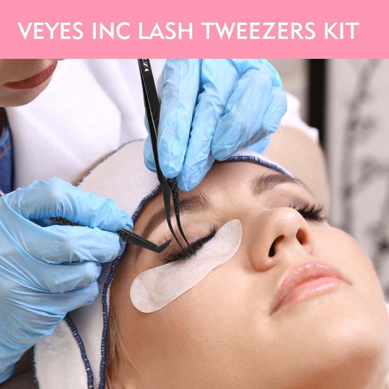 VEYES INC Lash Tweezers for Eyelash Extensions,Fiber Tip Tweezers Kit for Individual Classic and Volume Lash,3PCS Stainless Steel Lash Tweezers-Black