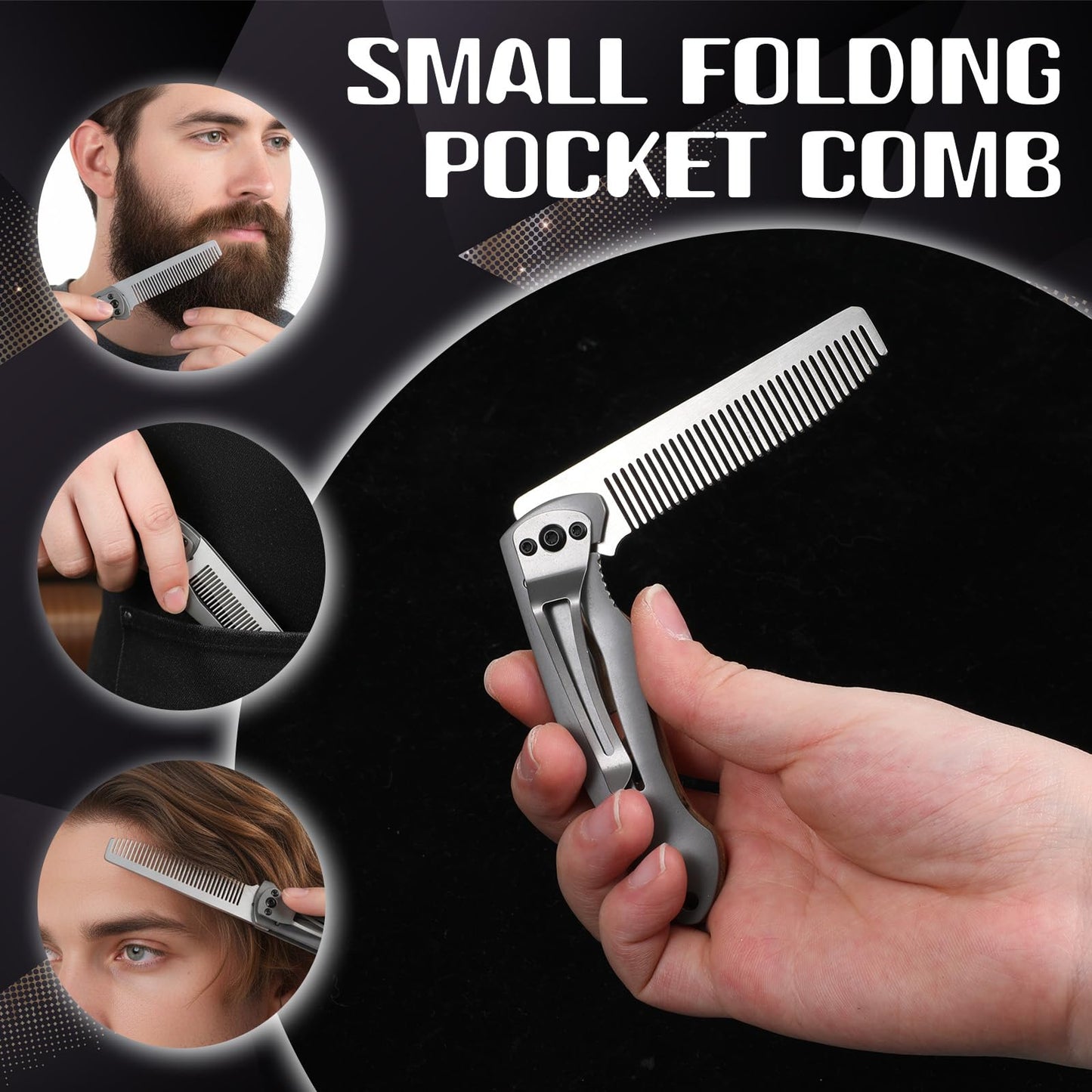 Qianyu Stainless Steel Folding Comb Small Folding Pocket Beard Metal Grooming Tool with Wooden Handle Portable Multifunction Hair Comb Mustache Combs Fits In Keychain for Men Outdoor Travel Home Use