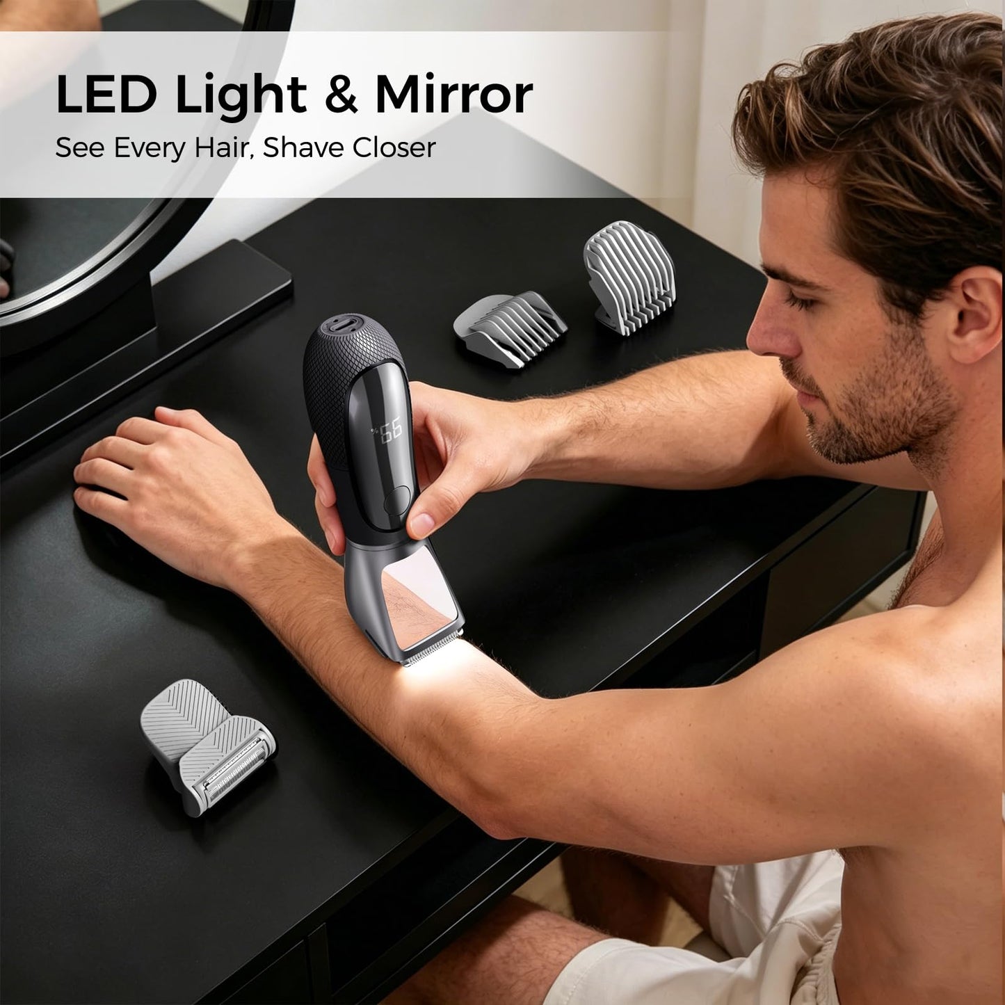 NIPOO Bikini Trimmer for Men, 2 in 1 Electric Razors Shaver, IPX7 Waterproof Body Hair Trimmer with Mirror, LED Light & Display, Painless Pubic Hair Removal, Silver