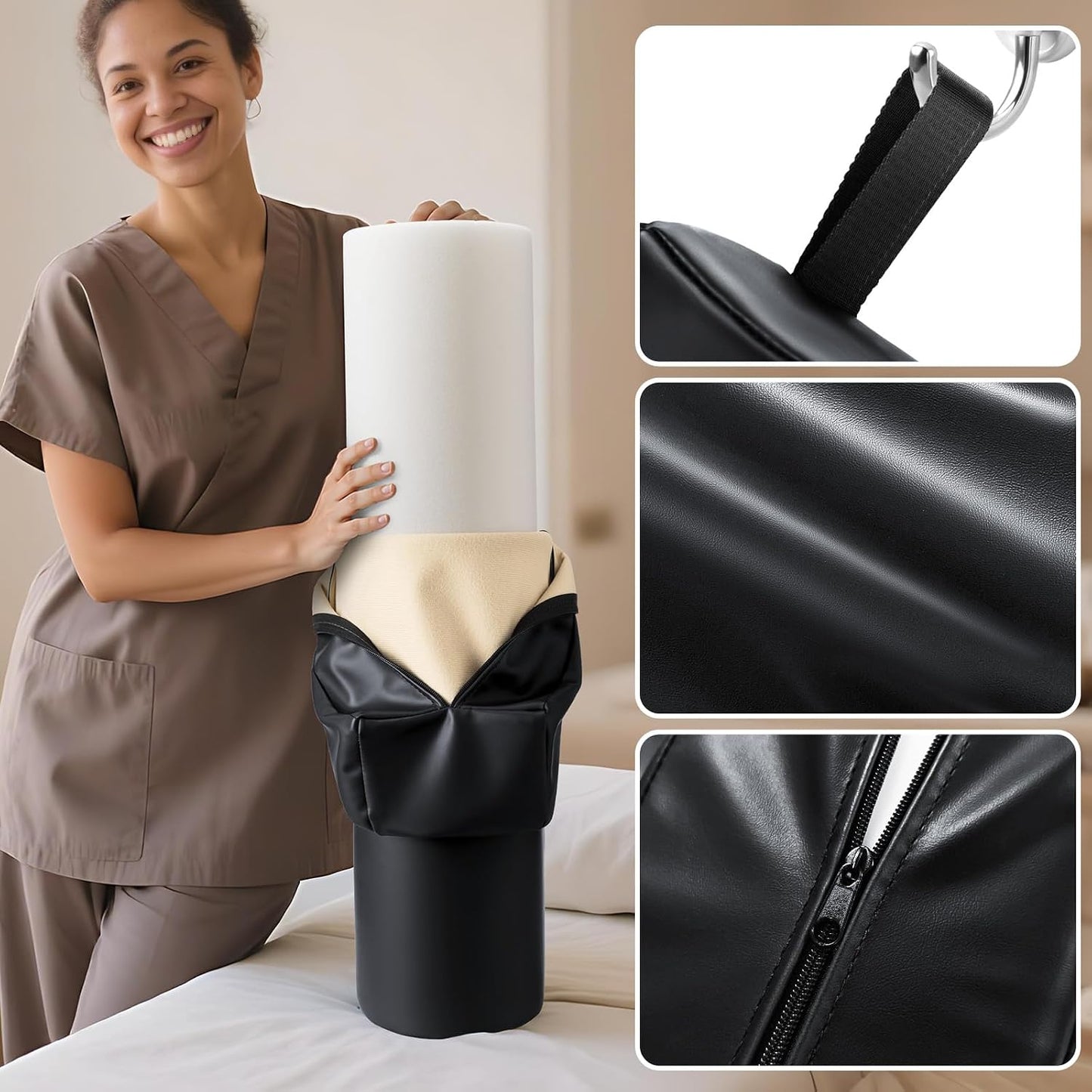 Noverlife 3/4 Round Massage Table Bolster Pillow - PU Leather Support for Knee, Neck & Back Pain Relief | 26 x 6 x 6 in - Black