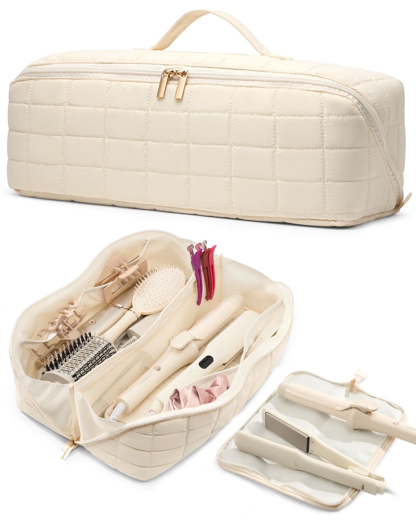 Noldena Hot Tools Travel Case with Heat Resistant Mat Pouch, Large Hair Tool Organizer Bag for Curling Iron Flat Iron Hair Dryer Hot Air Brush, Water Resistant Makeup Bag Gift for Women, Beige