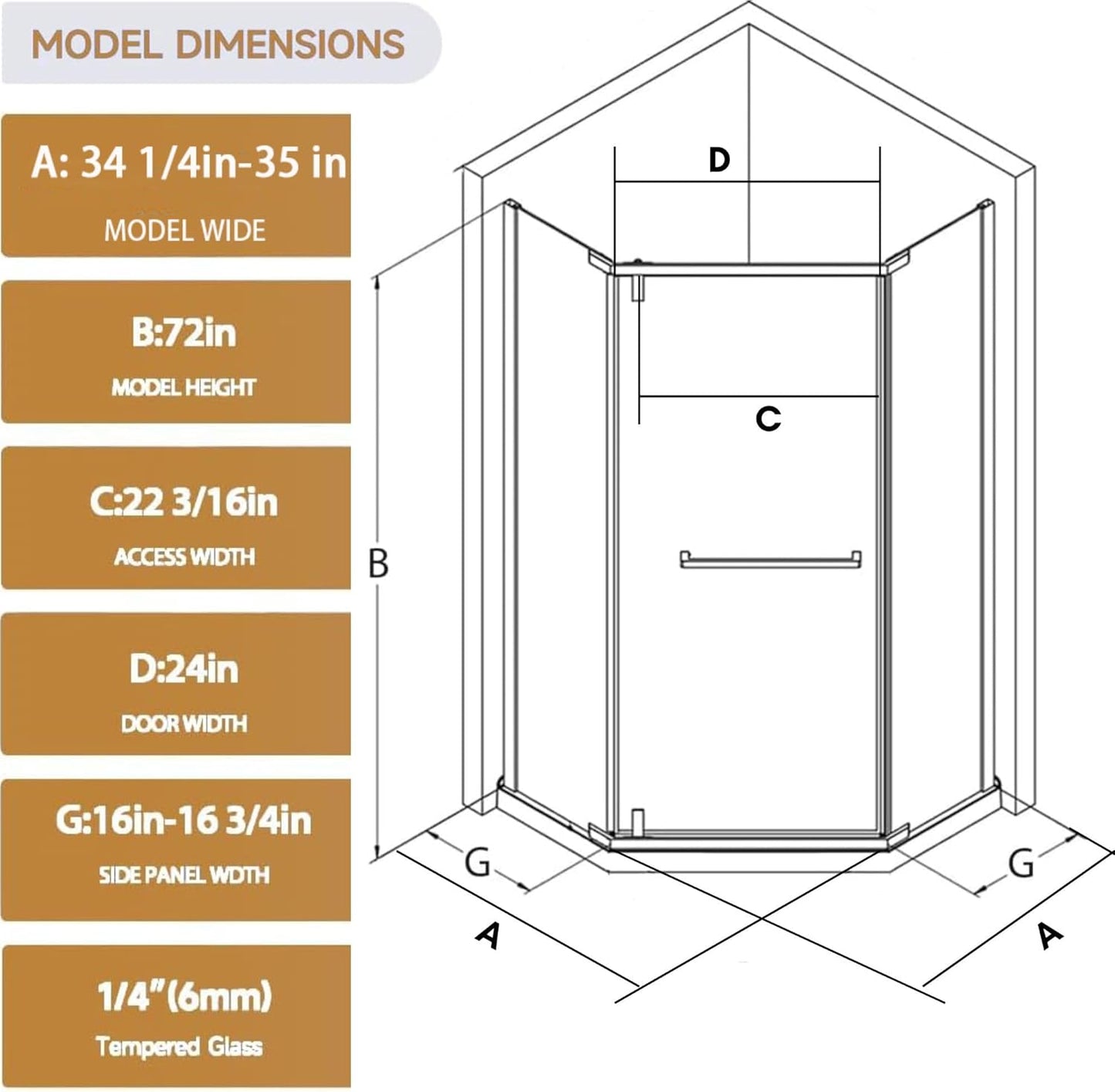 Frameless Neo-Angle Corner Shower Door - 36"W x 72"H, 6mm Clear Tempered Glass, Matte Black Aluminum