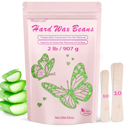 AUPERWEL 2lbs Wax Beads with Coarse Hair Formula, Hard Wax Beads for Hair Removal and Sensitive Skin, Hard Wax Beans for Bikini, Brazilian, Legs, Underarms, Chest, Full Body Waxing(Natural Aloe)