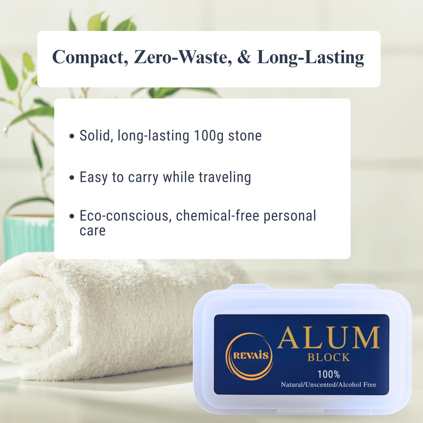 REVAIS Natural Alum Block 100g – 100% Pure Fitkari Stone Deodorant & Aftershave for Men, Soothes Razor Burn & Shaving Cuts, Astringent, Non-Staining, Unscented, Alcohol-Free, Gentle on Skin