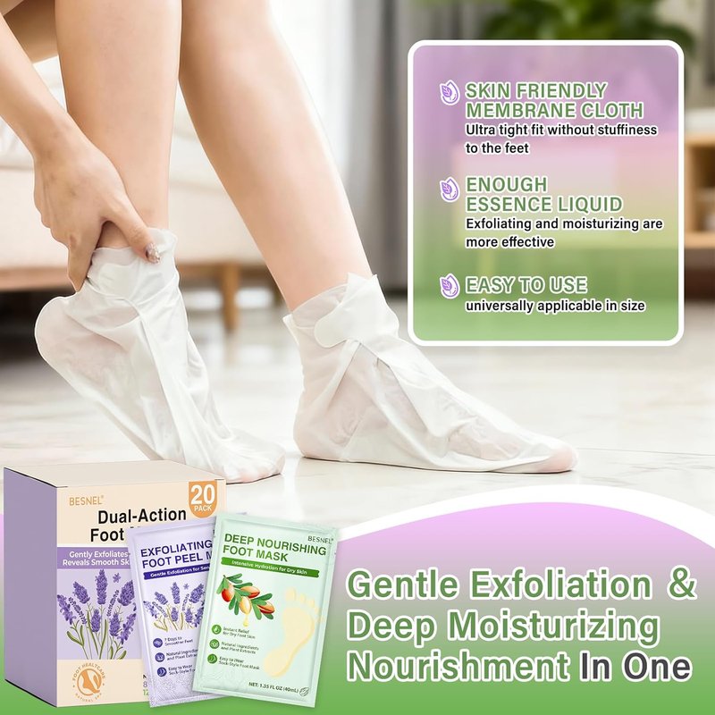 Moisturizing Foot Mask Set - 12 Pack Hydrating & 8 Pack Peeling | Repair Dry Cracked Feet & Soften Heels