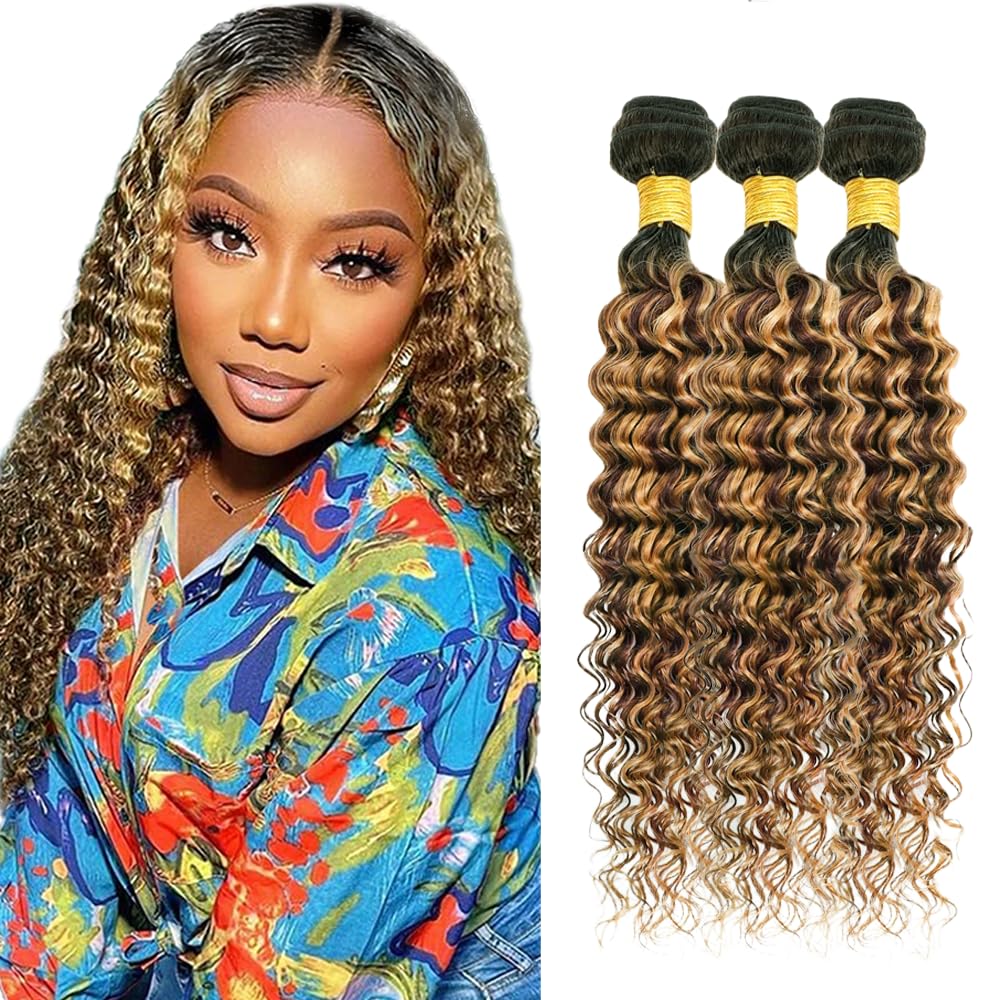 24 26 28 inch Ombre Highlight Bundles P427 Human Hair Bundles #4 Deep Wave Bundle Honey Brown Human Hair Weave Bundle