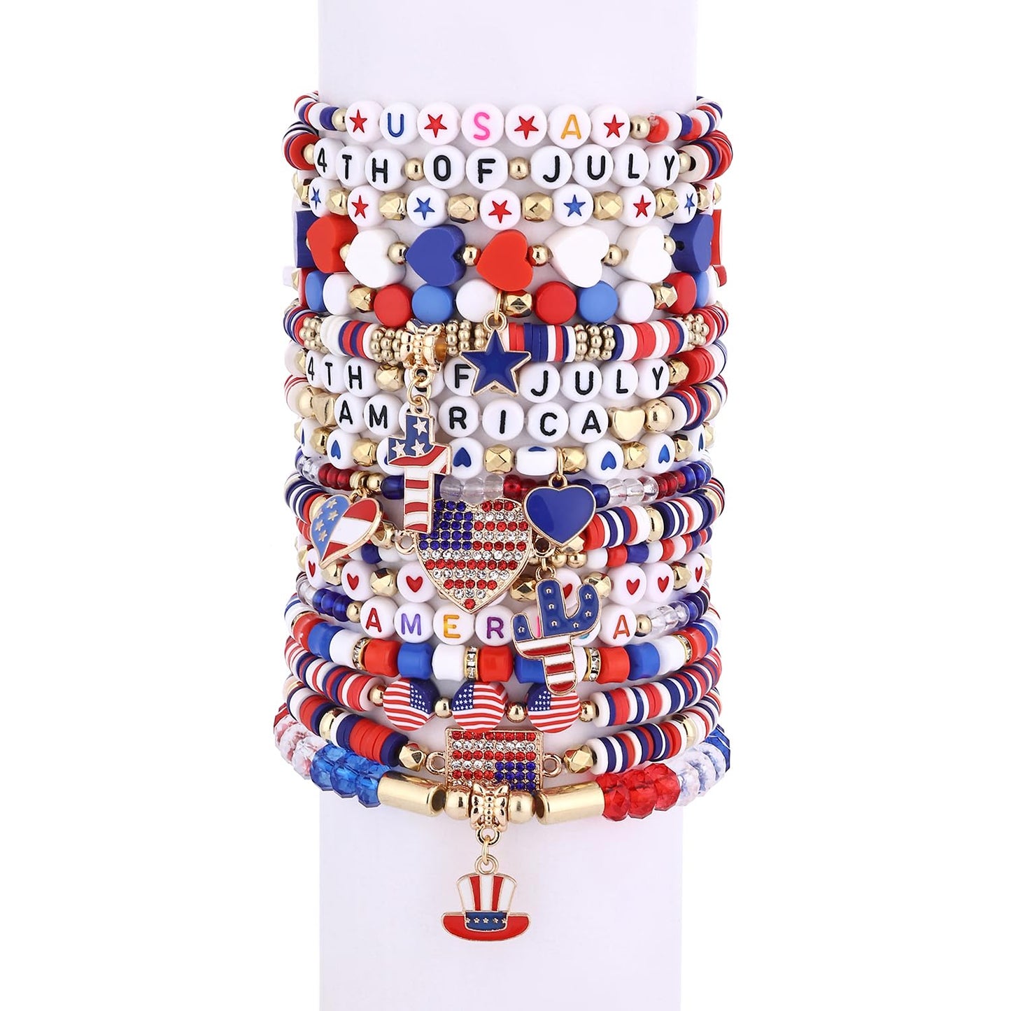 Cooluckday 36 Pcs 4th of July Bracelets USA Flag Bracelets for Women Independence Day Patriotic Surfer Heishi Bracelets for Women Stackable Vinyl Disc Beaded Stretch Bracelets Elastic Layering Independence Day Party Favors
