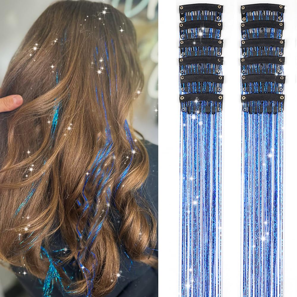Clip In Hair Tinsel Extensions - 20 Inch Glitter Strands for Festivals | 12 Pcs Black Dazzle Kit for Women & Girls