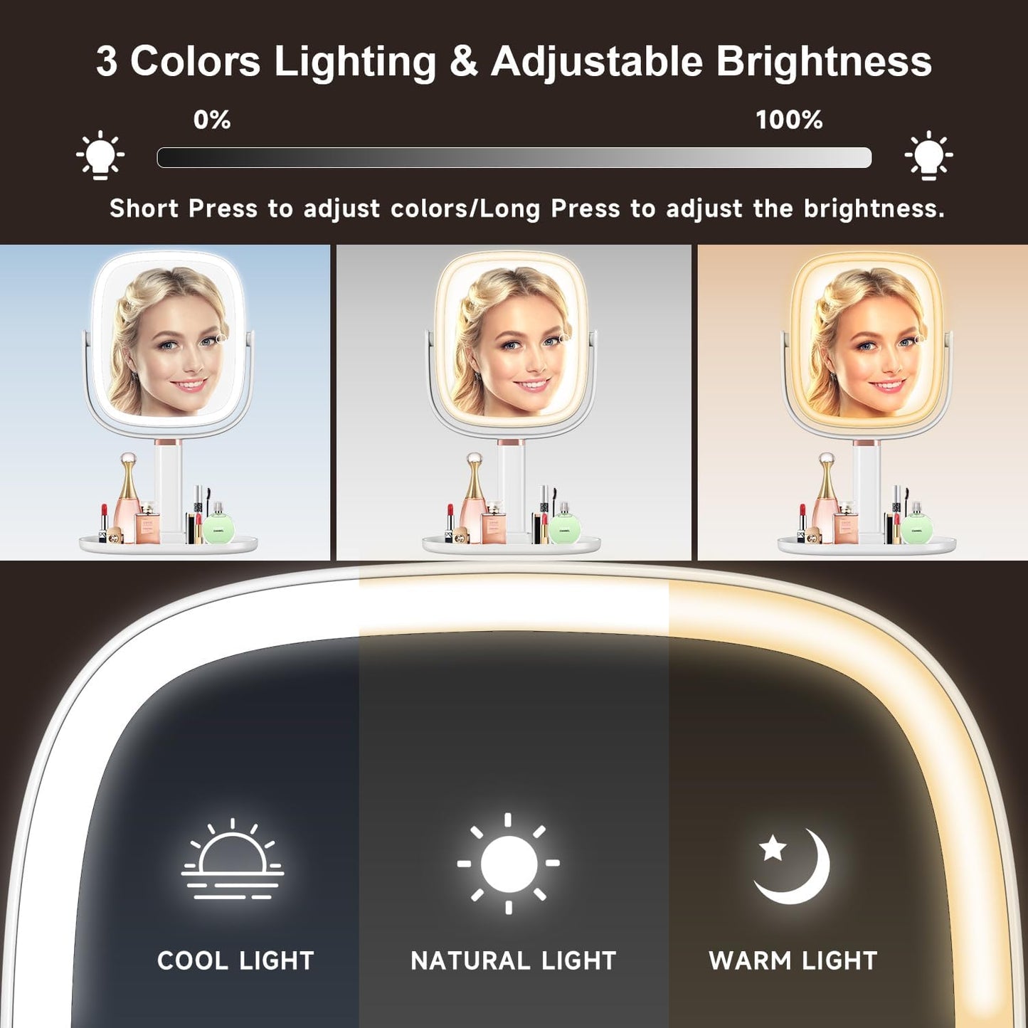 Mocado Makeup Mirror with Lights - 1X/20X Magnifying Vanity Mirror | Height Adjustable, 3 Color Options, 360° Rotation, Memory Function (White)