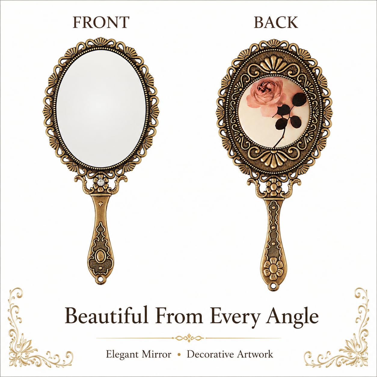 SEHAMANO Hand Mirror with Handle Compact Handheld Makeup Mirror Rose Cosmetic Clear Mirror (Matt Gold (Brass))